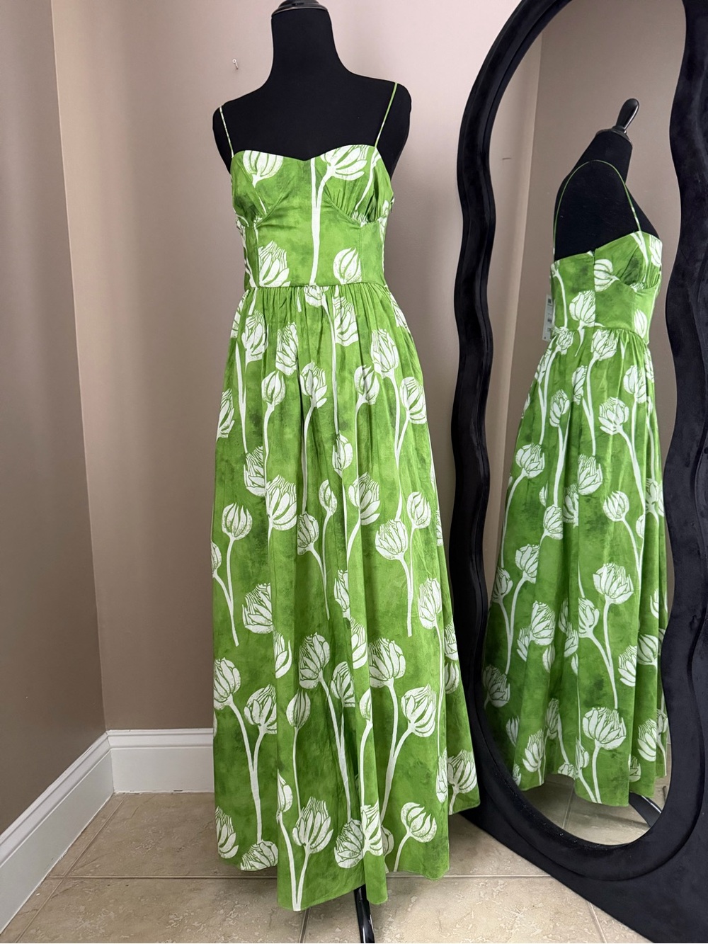 NWT Zara 100% Cotton Green Tulip Print Maxi Dress size S